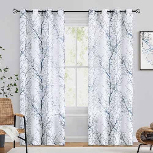 FMFUNCTEX Blue & White Linen Semi-Sheer Tree Branch Curtains, 84 Inch, Pack of 2, Branch Variation