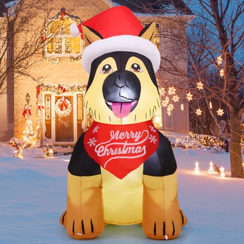 GOOSH 5 ft Christmas Inflatable German Shepherd with Santa Hat – LED Outdoor Yard Decor