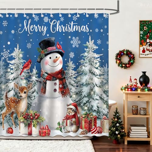 Mocsicka Blue Christmas Snowman Shower Curtain 72x72 Inches Waterproof Fabric Holiday Decor with 12 Hooks