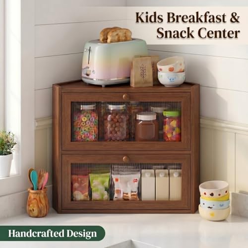 Brown Corner Bamboo Bread Box with 2 Tiers for Kitchen Countertop Storage - Space-Saving Organizer