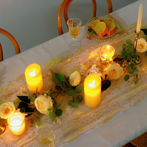LOMOHOO Gold Gauze Table Runner 10ft - 4pc Glitter Sequin Sheer Runner, 28x120 inches, option: 4 Gold