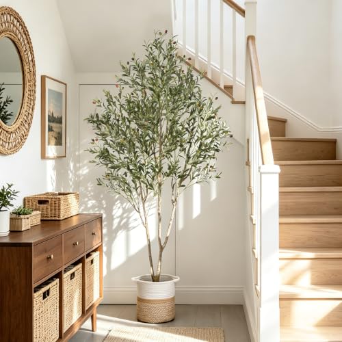 7FT Artificial Olive Tree with Planter & Basket - Green, Indoor Faux Tree