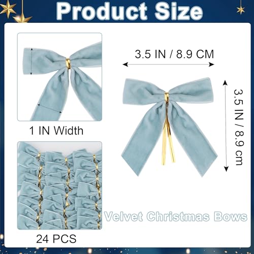 Christmas Velvet Bows Light Blue 24 Pack ? 3.5 Inch Holiday Tree Ornaments with Twist Tie Decorative Ribbon Bows for Christmas Tree, Wreath, Gift Wrapping & Party Decoration