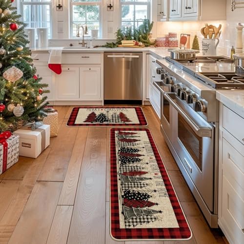 Artoid Mode Red Buffalo Plaid Xmas Tree Kitchen Mats Set of 2, 17x29 & 17x59 Inches