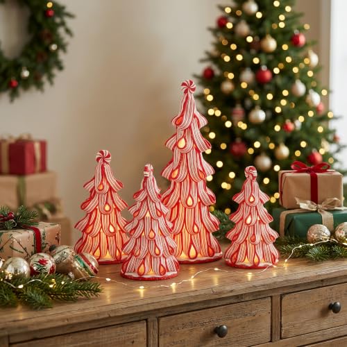 Multicolor 4 Pcs Christmas Ribbon Candy Table Trees with Lights