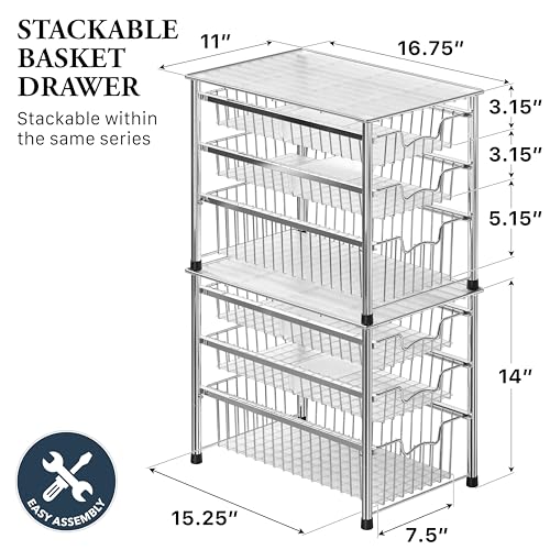 Simple Houseware 3-Tier Stackable Sliding Basket Organizer Drawer, Chrome