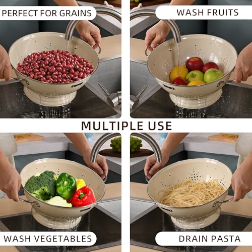 BeFare Almond Cream Metal Colander Set with Handles - 2Qt & 6Qt Heavy Duty Kitchen Strainers