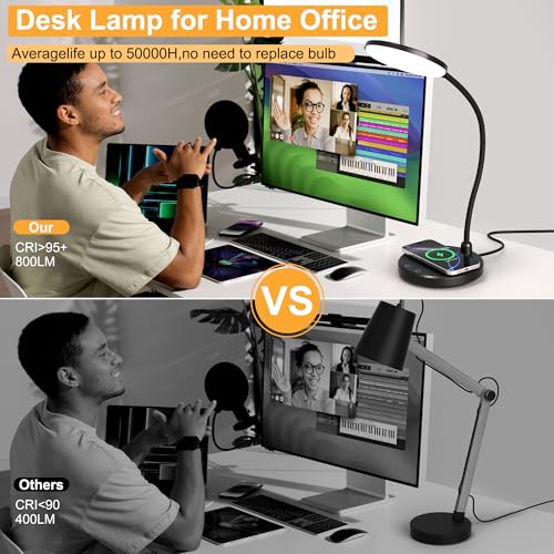 Wireless Charging Desk Lamp - Black, 800LM, CRI95+, Touch Dimming & 10W QI Charger
