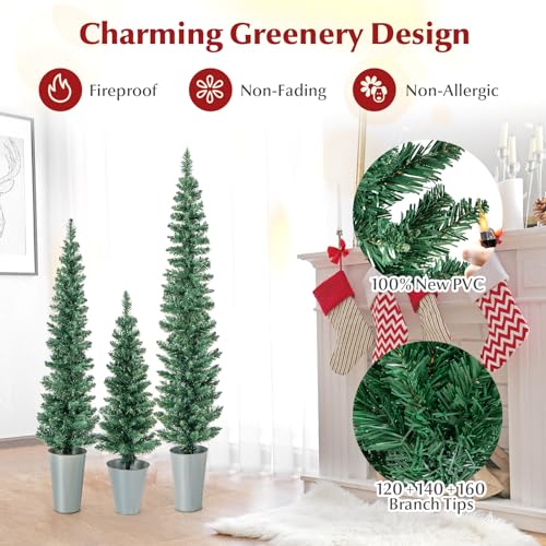 Set of 3 Slim Potted Artificial Christmas Trees with Iron Buckets, Outdoor Yard Decor