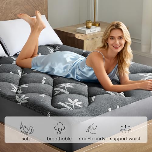 Queen Mattress Topper Black - Thick Viscose Bamboo Pillow Top, Deep Pocket Fit