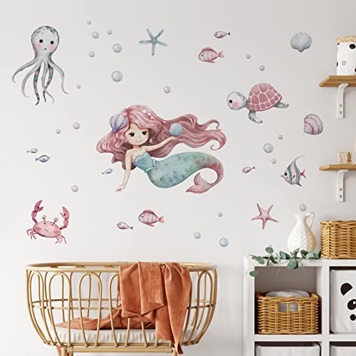 Mfault Mermaid Under The Sea Wall Decals Stickers, Baby Girls Ocean Creatures Nursery Decoration Bedroom Playroom Art, Coastal Beach Octopus Turtles Shell Bubble Fish Kids Room Bathroom Home Decor