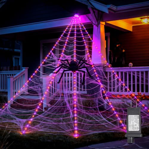 Brightown Halloween Outdoor Decorations - Orange & Purple 255-LED Giant Spider Web Lights Set