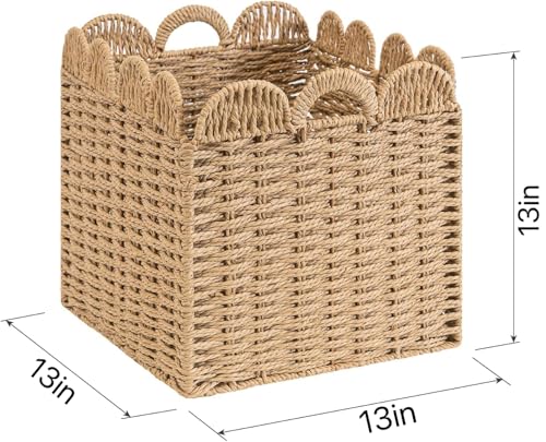 Set of 4 Scalloped Wicker Storage Cubes - 13x13x13in Khaki, Heavy Duty Paper Rope Baskets for Shelves, Bathroom, Bedroom, Laundry, Pantry