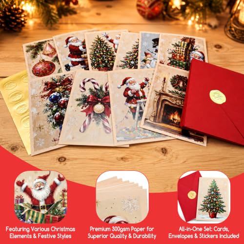 Retro Christmas Greeting Cards Set of 16 Vintage Oil Painting Style - Holiday Holiday Cards with Envelopes & Stickers - Tlenpo Retro Christmas / 16