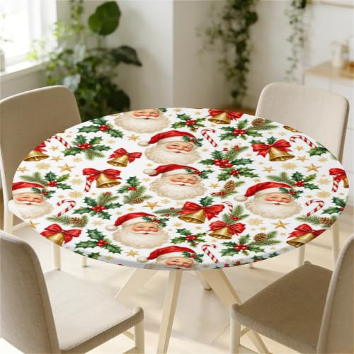Santa Bells 60 Inch Round Waterproof Fitted Tablecloth with Elastic Edge - Christmas Decor