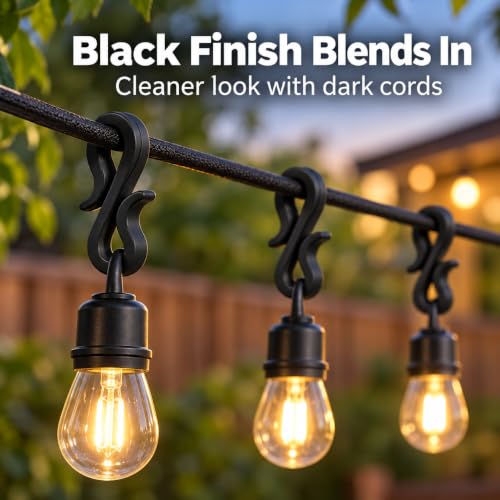50-Pack Black S Hooks for Outdoor Christmas Lights - Lightweight Plastic