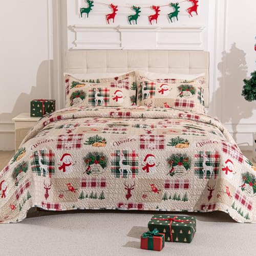 3-Piece Christmas Quilt Set Twin Size Cozy Xmas Snowman Reindeer elk