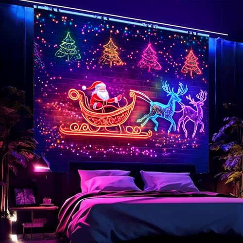 Santa Claus 5 Black Light Tapestry, 90" L x 70" W, UV Reactive Wall Hanging