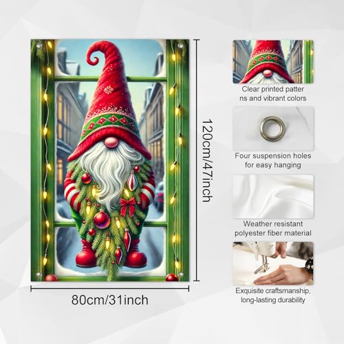 IVN Christmas Gnome Window Banner 31x47 Inch - Santa Hat, Pine Branch Holiday Decor