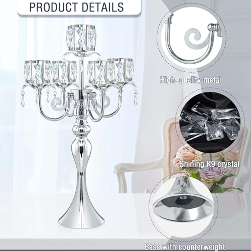 2Pcs Silver 5-Arm Crystal Pendant Metal Candle Holder with Square
