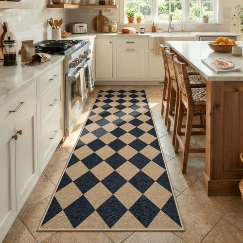 Lahome Checkered Easy Jute Non Slip Kitchen Runner, 2'6"x8' Washable