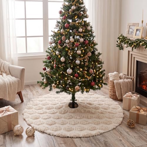 Thenshop Fall Tree Skirt 48 Inch Beige Plush with 3D Pumpkins - Seasonal Decor