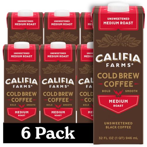 Califia Farms Medium Roast Cold Brew Coffee 32oz Pack of 6 - 100% Arabica, Unsweetened, Vegan & Shelf Stable