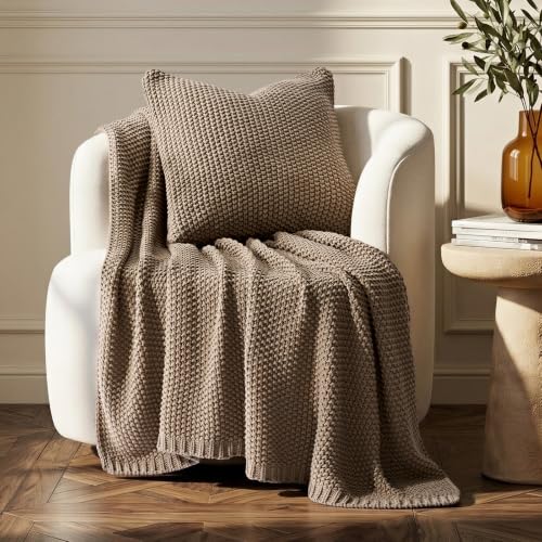 EverGrace Organic Cotton Chunky Knit Throw Blanket 50 x 60 Stone Taupe