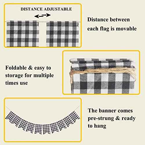 Buffalo Check Plaid Banner for Christmas Mantel Fireplace Decorations ? Black and White Gingham Bunting Garland Baby Shower Birthday Party Supplies