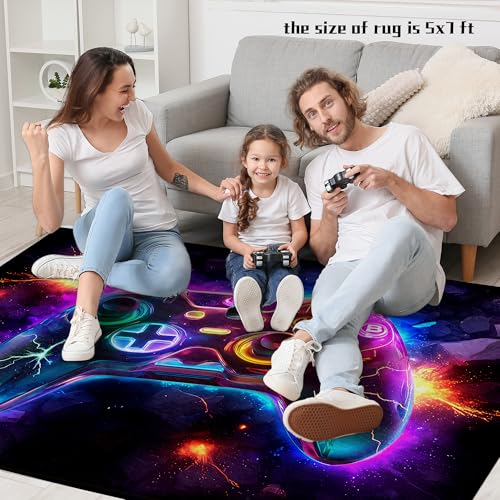 Game01 5x7 ft Neon Gaming Area Rug for Boys Room - Colorful Controller Carpet for Gamer Zone