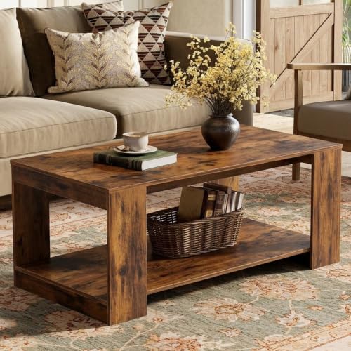Coffee Table for Living Room - 39-Inch 2-Tier Wood Storage Table - Brown Rectangle Variation