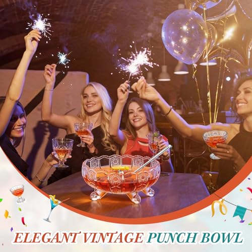 Vintage Style 6-Piece Crystal Punch Bowl Set with Ladle & Cups - LemonRoad