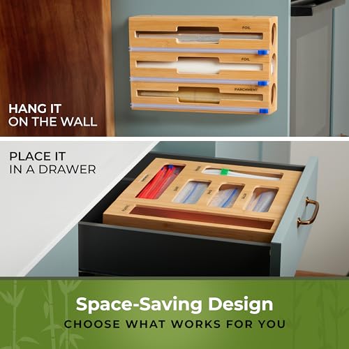 Woodenhouse Bamboo Kitchen Drawer Organizer with Foil & Plastic Wrap Dispenser, 9" - Includes Labels