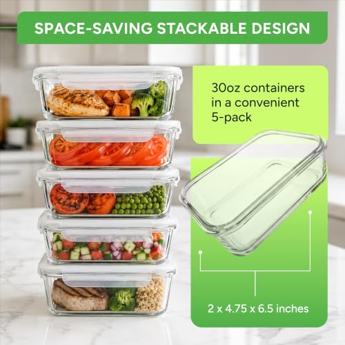 PrepNaturals 5 Pack 30oz Glass Meal Prep Containers - 1 Compartment Variation