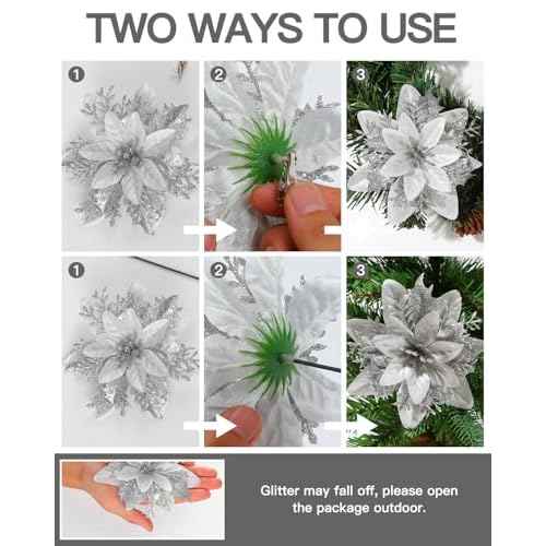 Poinsettias Artificial Christmas Flowers Decorations - 12 Pcs Artificial Silver Poinsettia Flowers for Christmas Tree,Fake Glitter Poinsettia 5.5" with Clips Stems for Home Outdoor Decor(Silver)