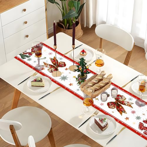 Christmas Table Runner,Jesus Joy to The World Table Runner,Bow and Christmas Tree Tabletop Cover,Red Xmas Seasonal Winter Holiday Tabletop Decorations for Home Indoor Kitchen Dining