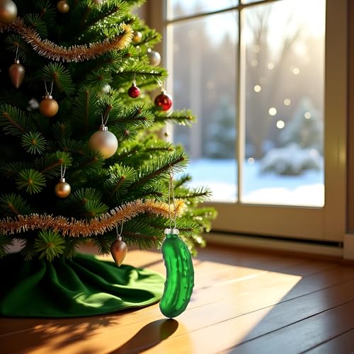 Jowxsx Christmas Pickle Tree Ornaments, Green Glass Blown Cucumber Hanging Ornaments with Lanyard, Traditional Christmas Tree Decoration