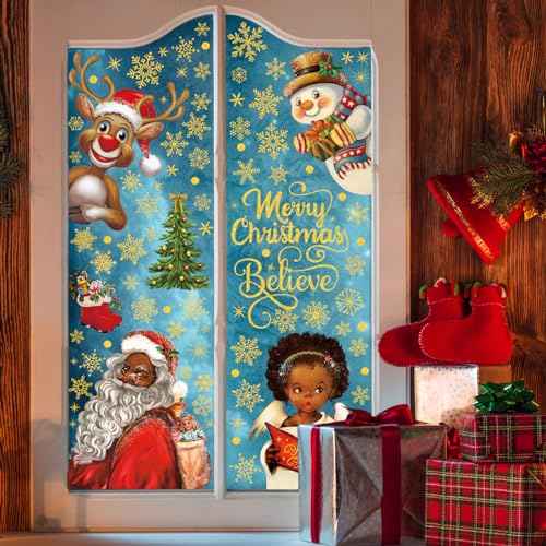 4 Sheet Christmas Window Decals Black Santa Window Clings Claus Girl Xmas Static Window Stickers Decor for Home School Party Supplies, 10 x 13.8 Inch