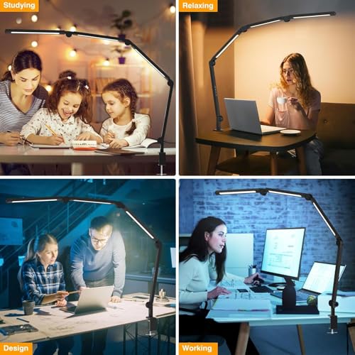 LED Desk Lamp with Clamp - Black, Dimmable, Eye-Caring Architect Light