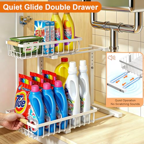 White Under Sink Organizer 2 Pack - Height Adjustable Kitchen & Bathroom Storage