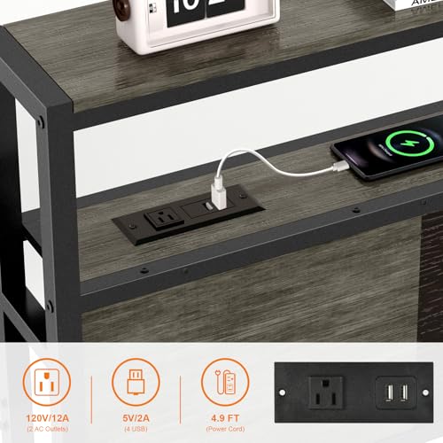 Queen Size Headboard with Charging Station & LED Light - Gray + Black
