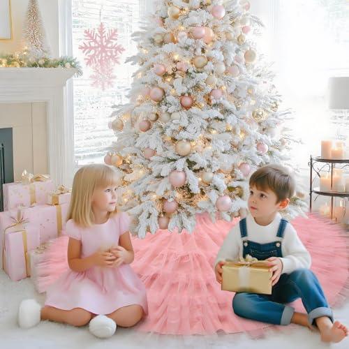 Yuboo 60 Inch Blush Pink Tulle Tree Skirt with 6 Ruffles Christmas Decor