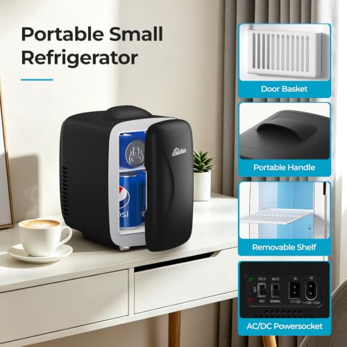 BEICHEN Portable Mini Fridge 4L/6 Can Cooler & Warmer Black, Quiet Office & Travel Refrigerator