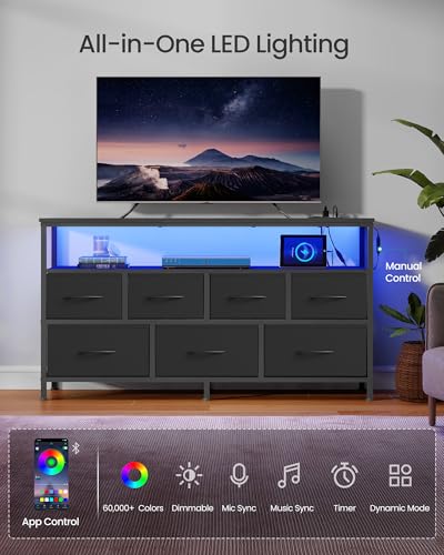 SONGMICS Dresser with App-Controlled LED Lights, 7 Fabric Drawers, Ink Black, 44.8W x 11.8D x 26.8H