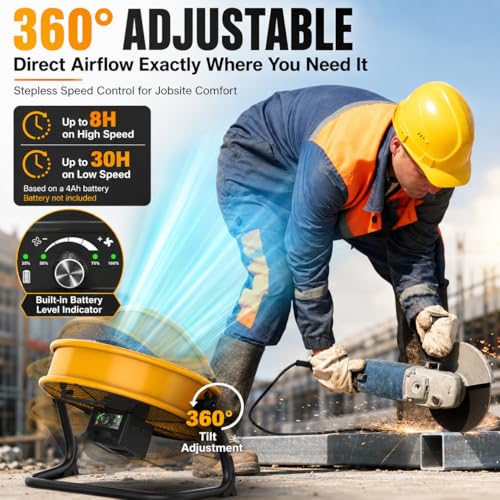 12-Inch Cordless Floor Fan for Dewalt 20V - Battery & AC Powered Portable Cooling