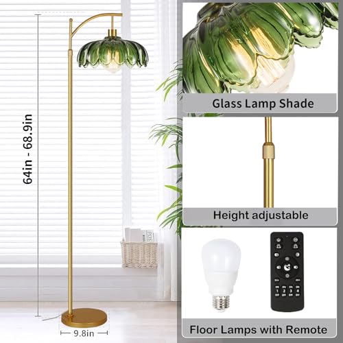 ILLMTW Gold Floor Lamp - 2 Variation Mid Century Modern Dimmable Arc Lamp with Remote & Green Glass Shade