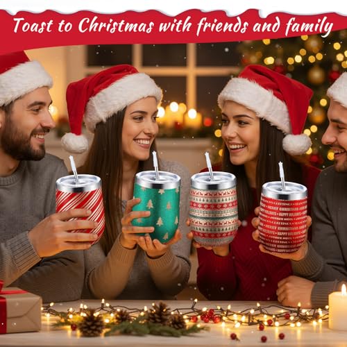 Sliner 4 Pack Christmas Glitter Tumbler Set - Retro Style 12oz Insulated Stainless Steel Holiday Drinkware