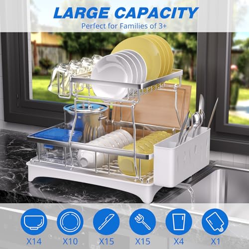 Godboat Silver 2-Tier Stainless Steel Dish Drying Rack with Auto Drain System