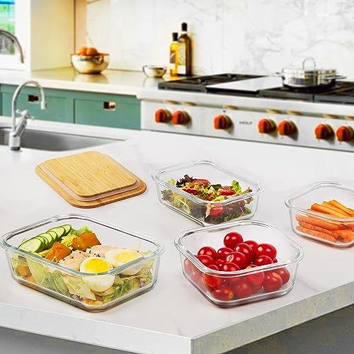 Glass Food Storage Containers Set of 4 with Bamboo Lids - Multi-Size Meal Prep