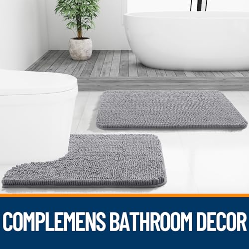 OLANLY Large Bathroom Rug 70x46 Grey Extra Soft Chenille Absorbent Non-Slip Bath Mat